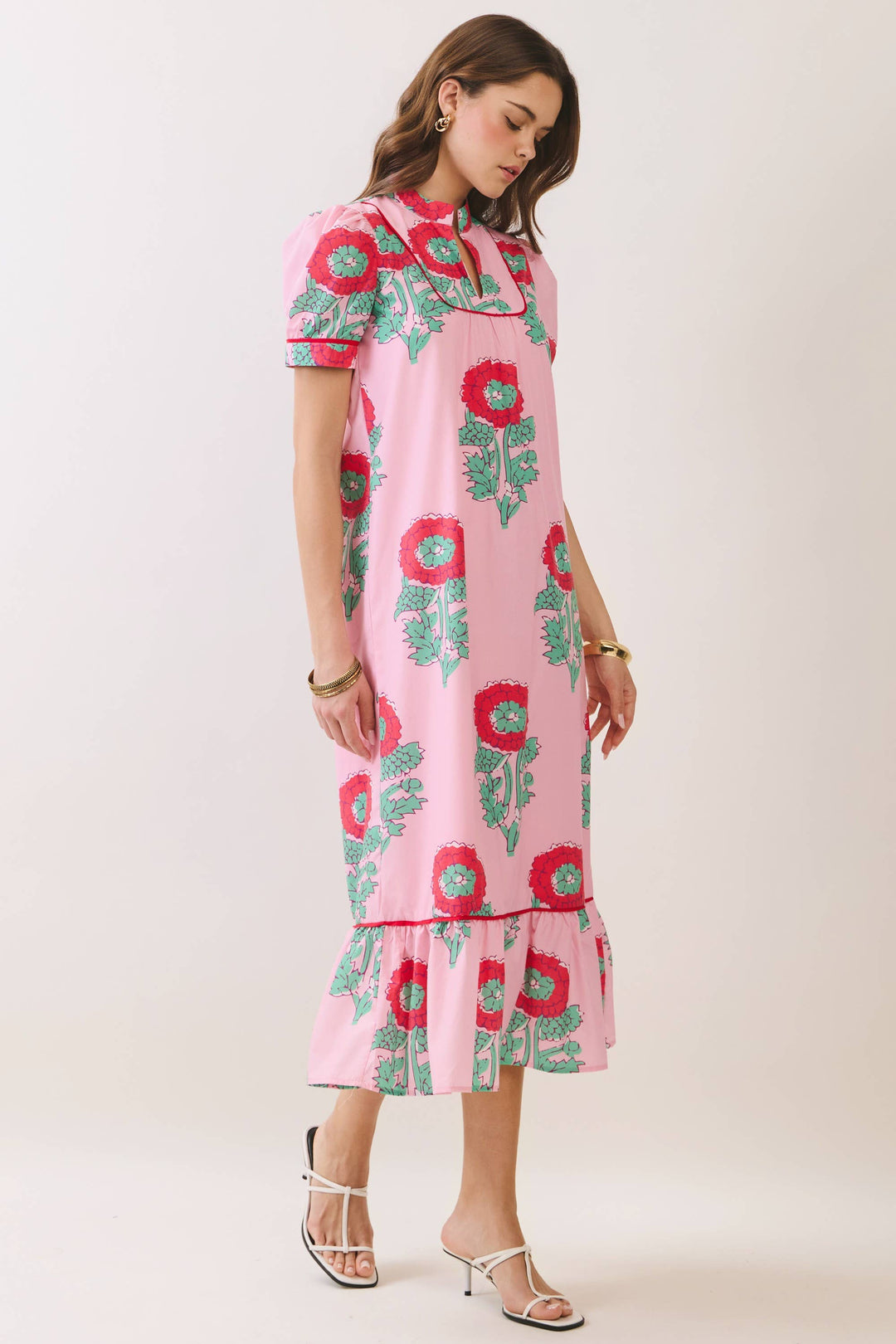 Pink Floral Print Mandarin Collar Midi Dress with green/red patterns, short sleeves, ruffled hem. Sizes: XS-XL.