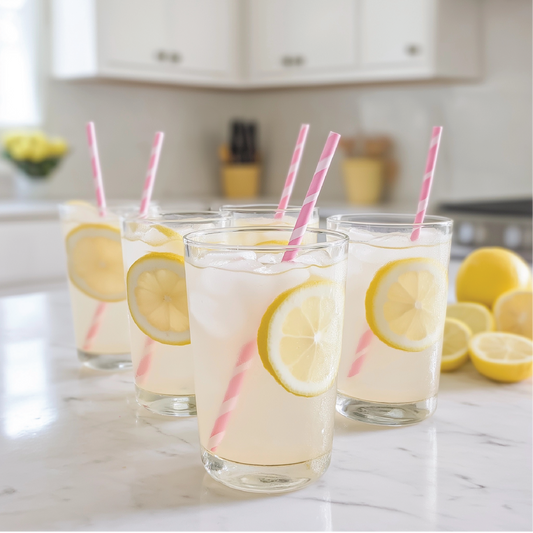 Sugar Free Lemonade Syrup Concentrate in four glasses with ice and lemon slices. Available in 16 oz and 32 oz sizes.