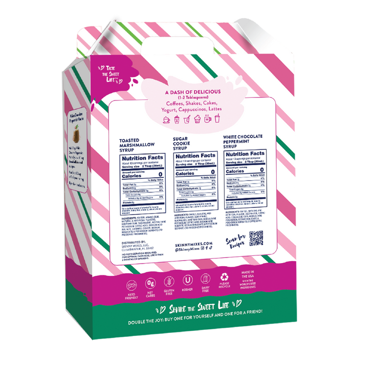 Back of Happy Holidays Syrup Trio gift box with nutrition facts, ingredients, and allergen info for Toasted Marshmallow, Sugar Cookie, and White Chocolate Peppermint syrups.