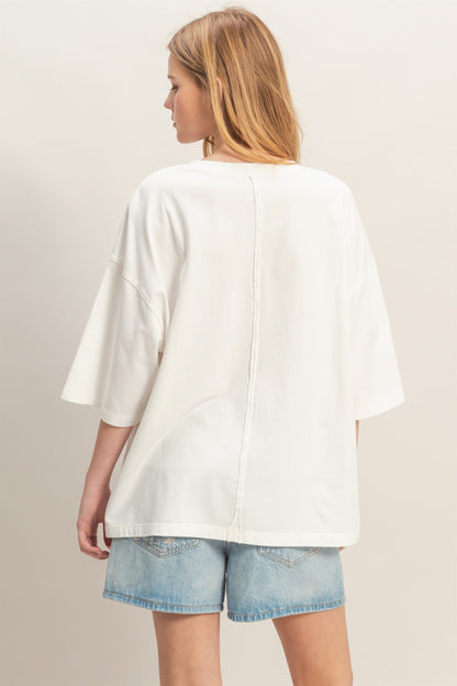 Washed Oversized Crew Neck Top, relaxed fit. Sizes: XS–XL.