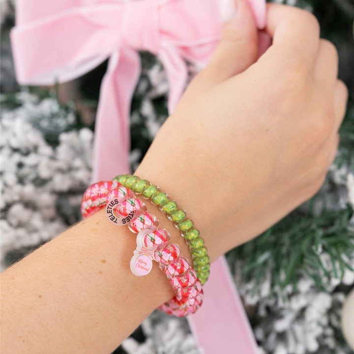 Small spiral coil And to All a Good Night hair ties, green and pink with a Merry Christmas charm, available in small.