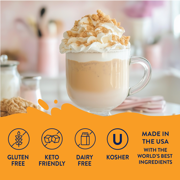 Sugar Free Cookie Butter Syrup (Harvest) for latte, featuring gluten-free, keto, dairy-free, and kosher icons; made in the USA.