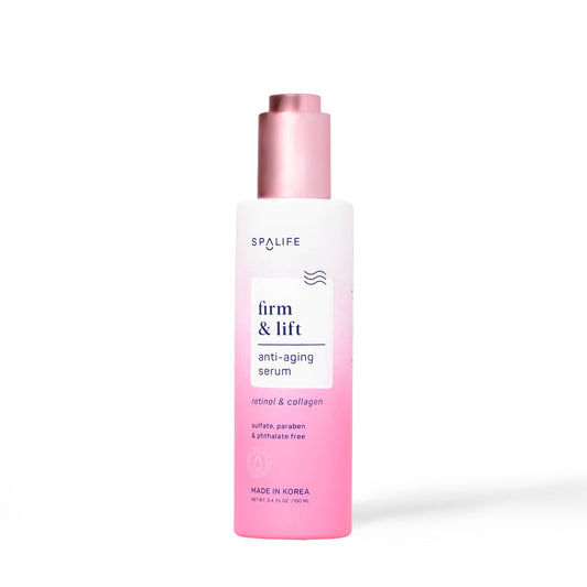 White bottle with pink gradient and pump for Anti-aging Serum with Retinol & Collagen; sulfate, paraben, phthalate free. Sizes: 30ml, 50ml.
