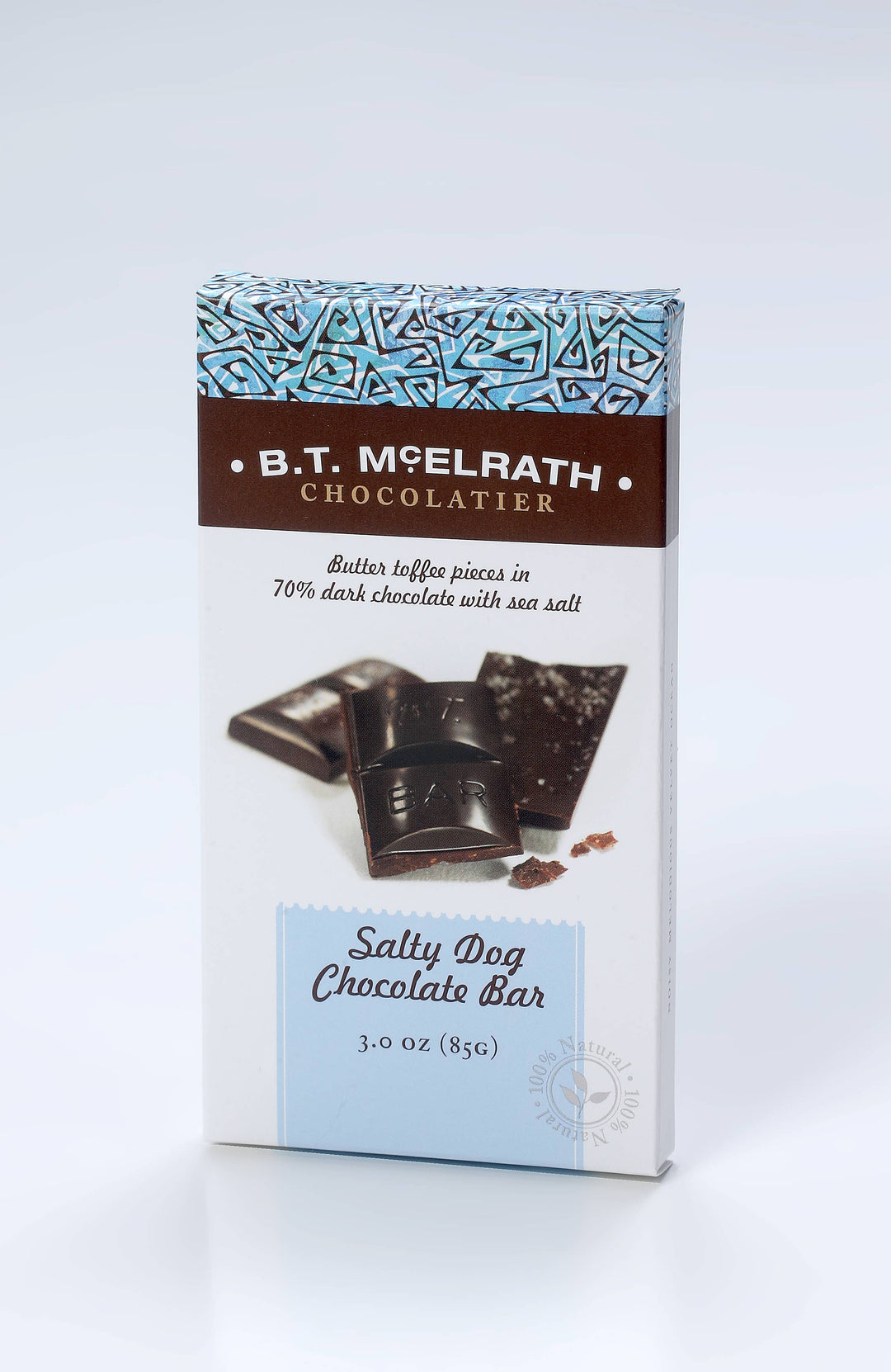 A Salty Dog Chocolate Bars package with dark chocolate, butter toffee, sea salt on front; available in 3oz and 6oz sizes.
