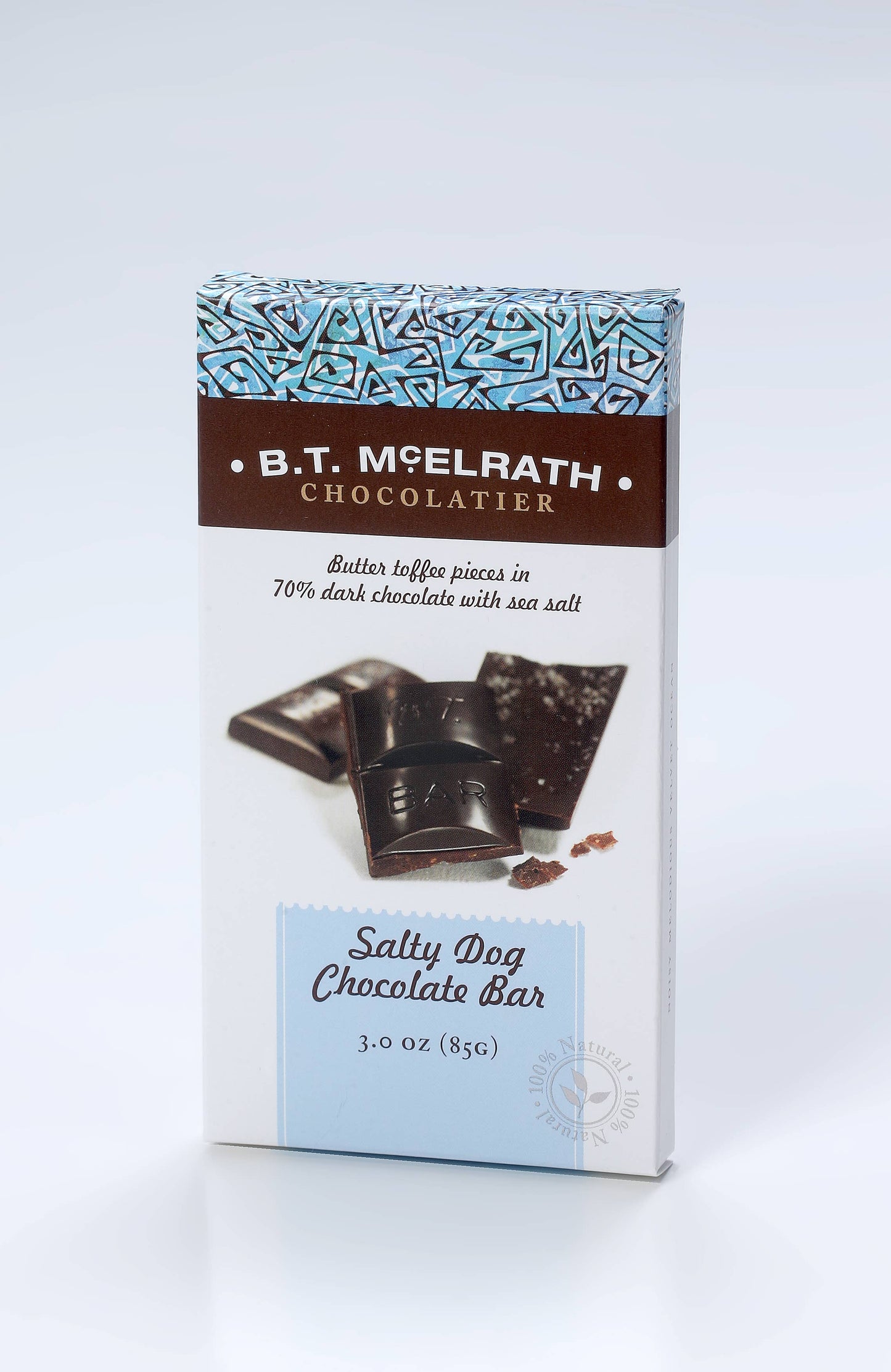 A Salty Dog Chocolate Bars package with dark chocolate, butter toffee, sea salt on front; available in 3oz and 6oz sizes.