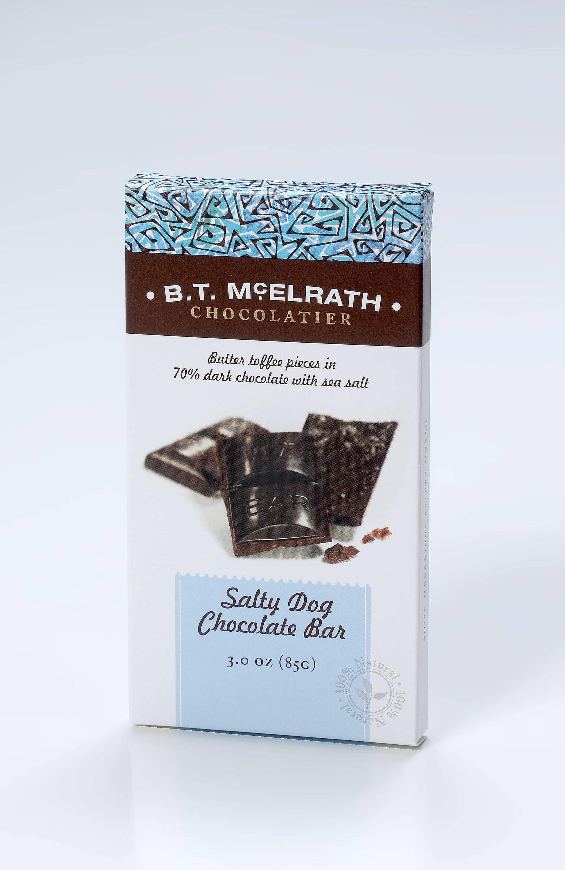 A Salty Dog Chocolate Bars package with dark chocolate, butter toffee, sea salt on front; available in 3oz and 6oz sizes.