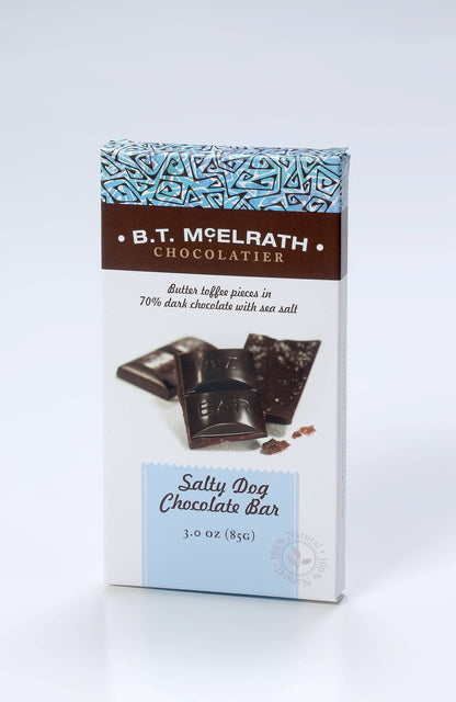 A Salty Dog Chocolate Bars package with dark chocolate, butter toffee, sea salt on front; available in 3oz and 6oz sizes.