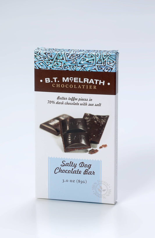 A Salty Dog Chocolate Bars package with dark chocolate, butter toffee, sea salt on front; available in 3oz and 6oz sizes.