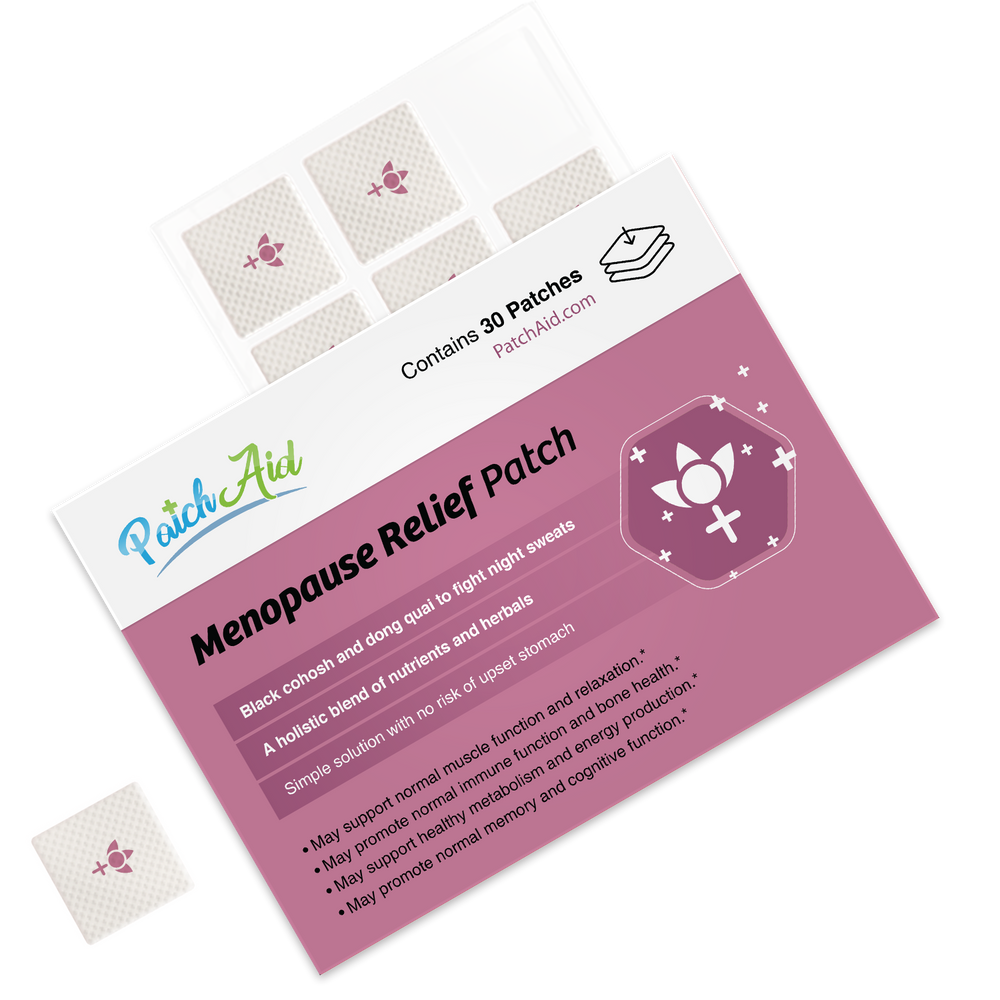 Menopause Relief Patch - Natural Symptom Relief & Support, 1-Pack, with individual patches shown; packaging lists ingredients for hormonal balance and symptom relief.