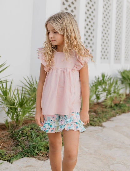 Girls Pastel Floral Ruffle Short Set, ideal for spring-summer. Available in sizes 2T-10.