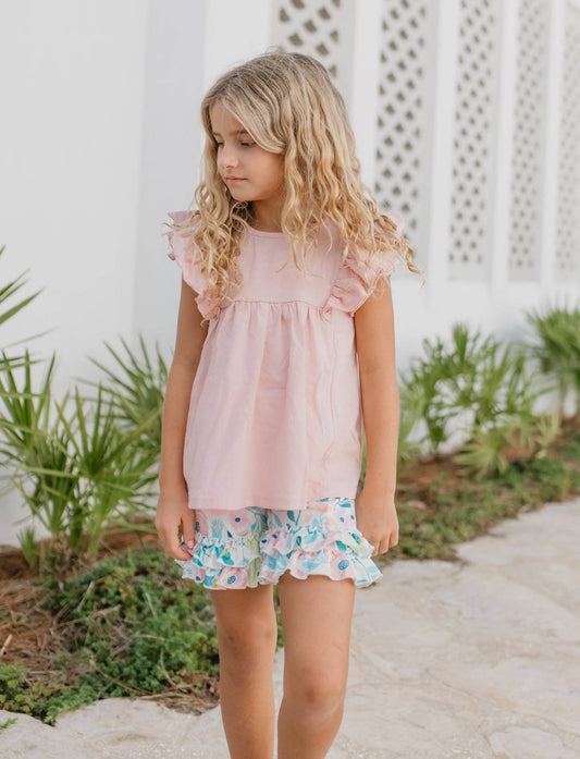 Girls Pastel Floral Ruffle Short Set