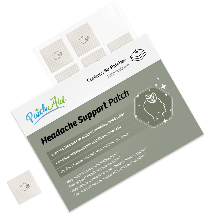 The Headache Support Patch - Relief, Calm &amp; Relaxation Aid 1-Pack includes 30 patches. Packaging highlights benefits like no stomach irritation and features ashwagandha and Coenzyme Q10. Only the patches and packaging are shown.