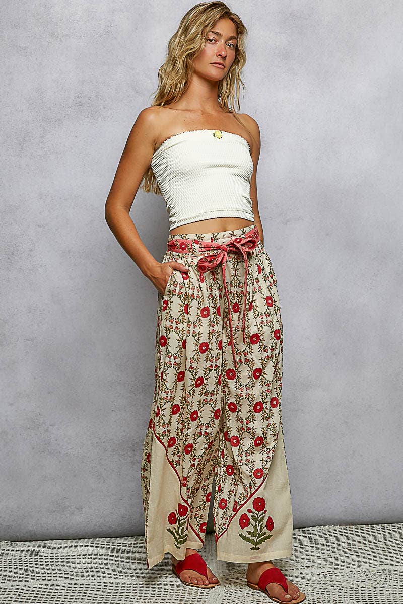 Straight Fit Waist Belt Floral Pattern Pants, available in sizes XS-XL, featuring a vibrant floral print and included waist belt.