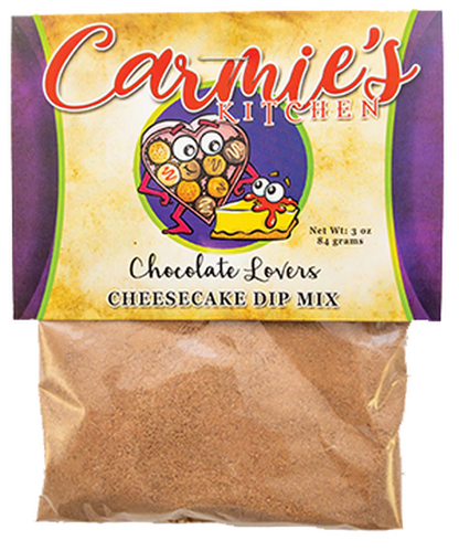 3 oz (84g) packet of Chocolate Lovers Cheesecake Dip with a colorful label and window showing the chocolate dip mix inside.
