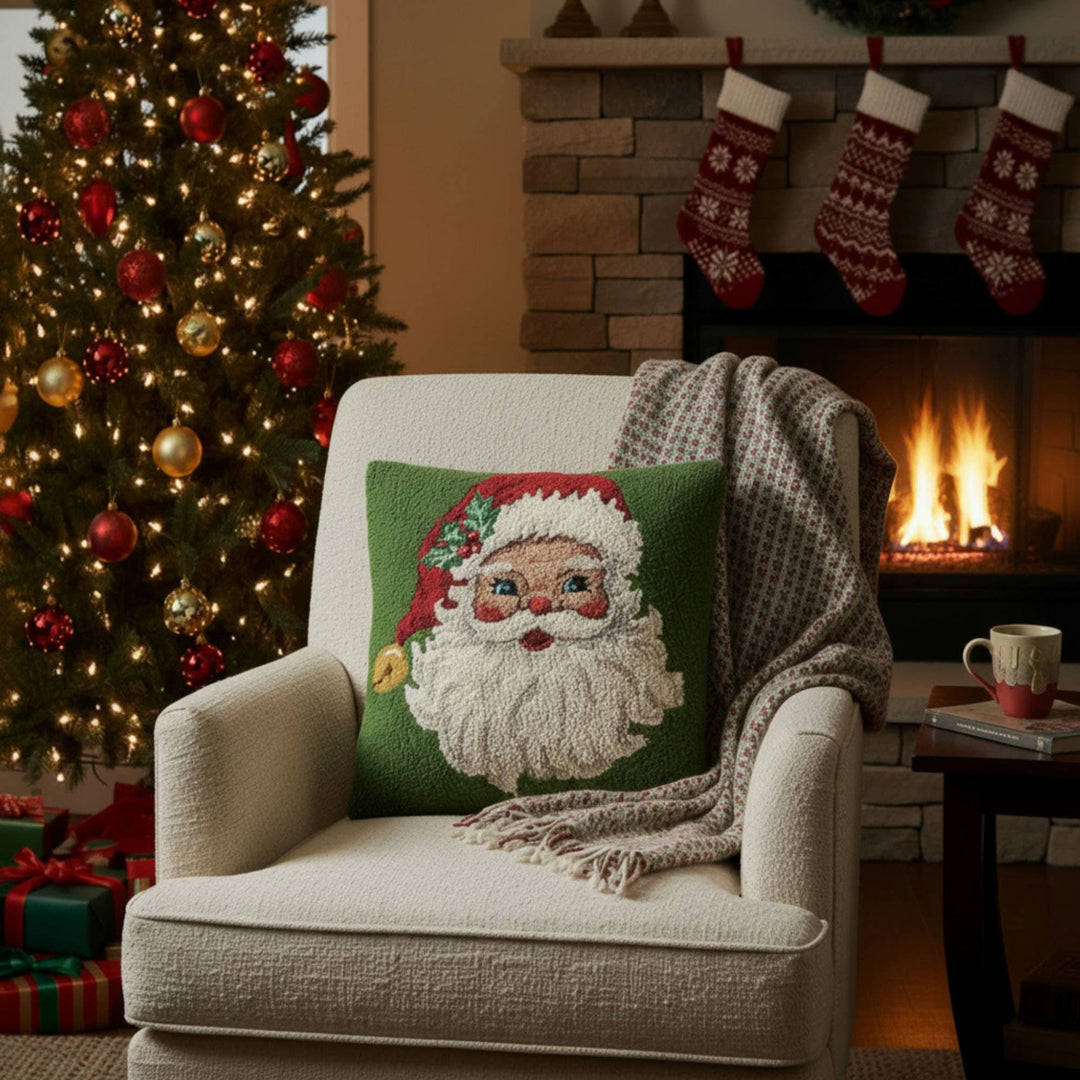 Red Hat Santa hook pillow, square wool Santa Claus design with red holly-accented hat.