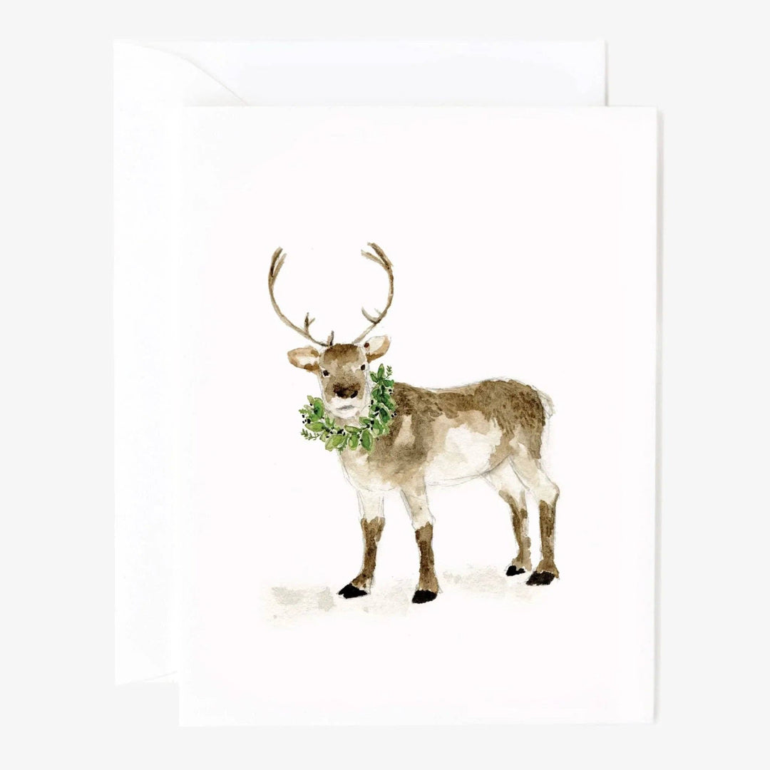 Evergreen Christmas assorted notecard set featuring a watercolor reindeer with green wreath; blank inside; available in 4x6 and 5x7 sizes.