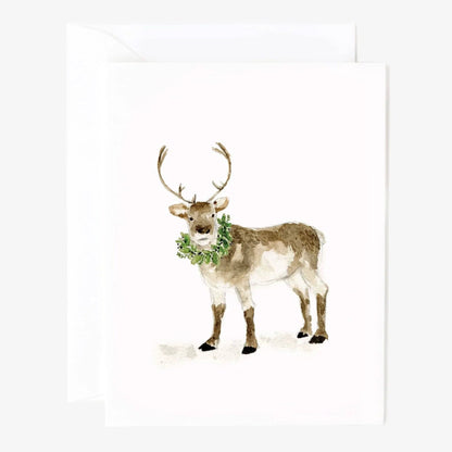 Evergreen Christmas assorted notecard set featuring a watercolor reindeer with green wreath; blank inside; available in 4x6 and 5x7 sizes.
