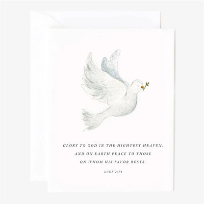 Christmas notecard set with dove, olive branch, and Luke 2:14. White watercolor cards. Available in 4x6 and 5x7 sizes.