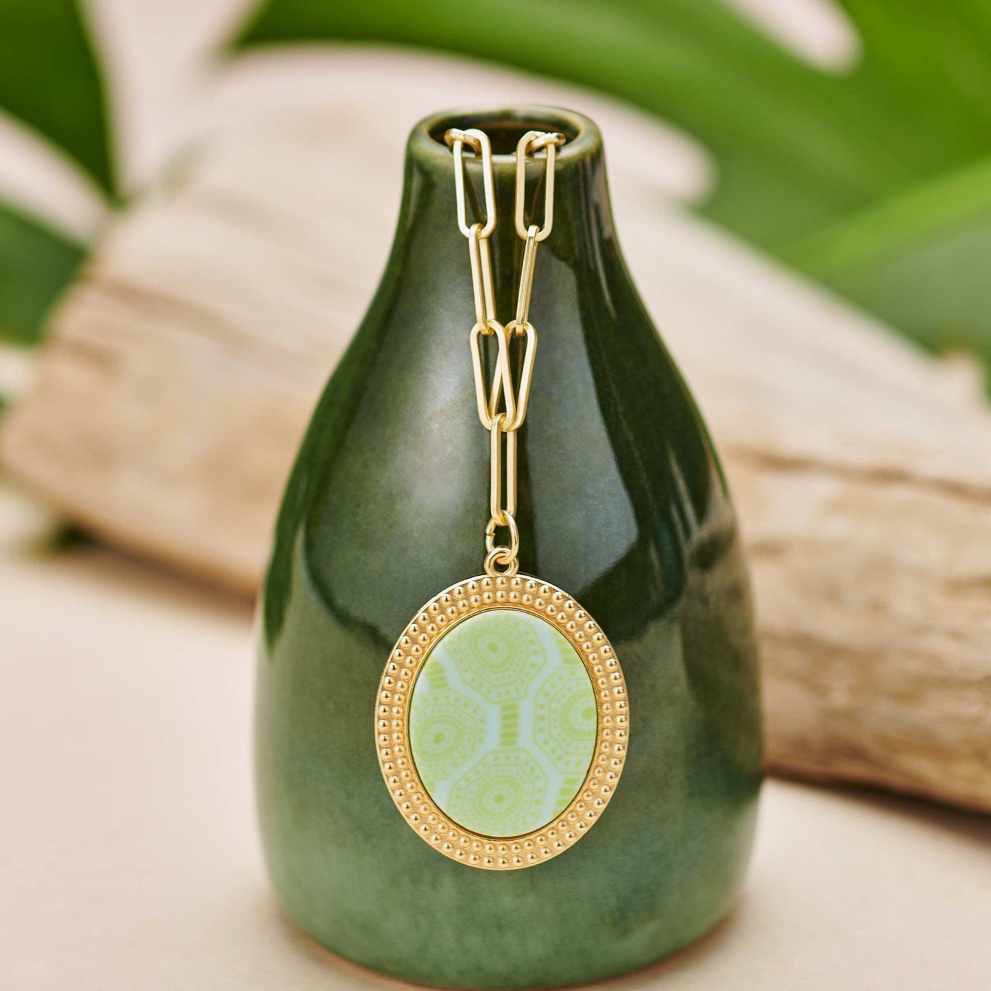 Seaside Green Reversible Link Medallion Necklace. Sizes available: Standard.