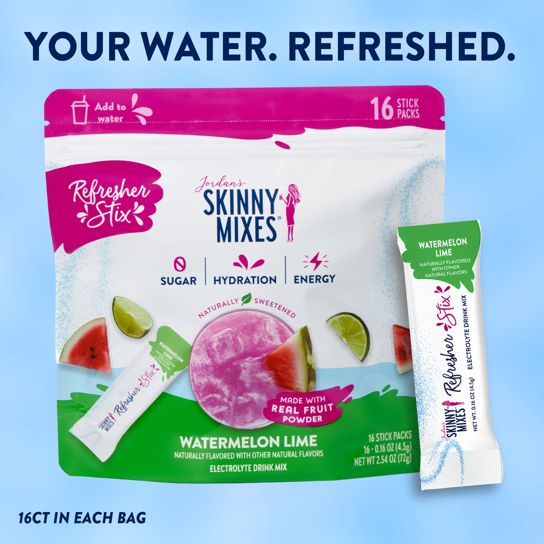 16 ct pouch of Refresher Stix Watermelon Lime electrolyte drink mix, including two single sticks.