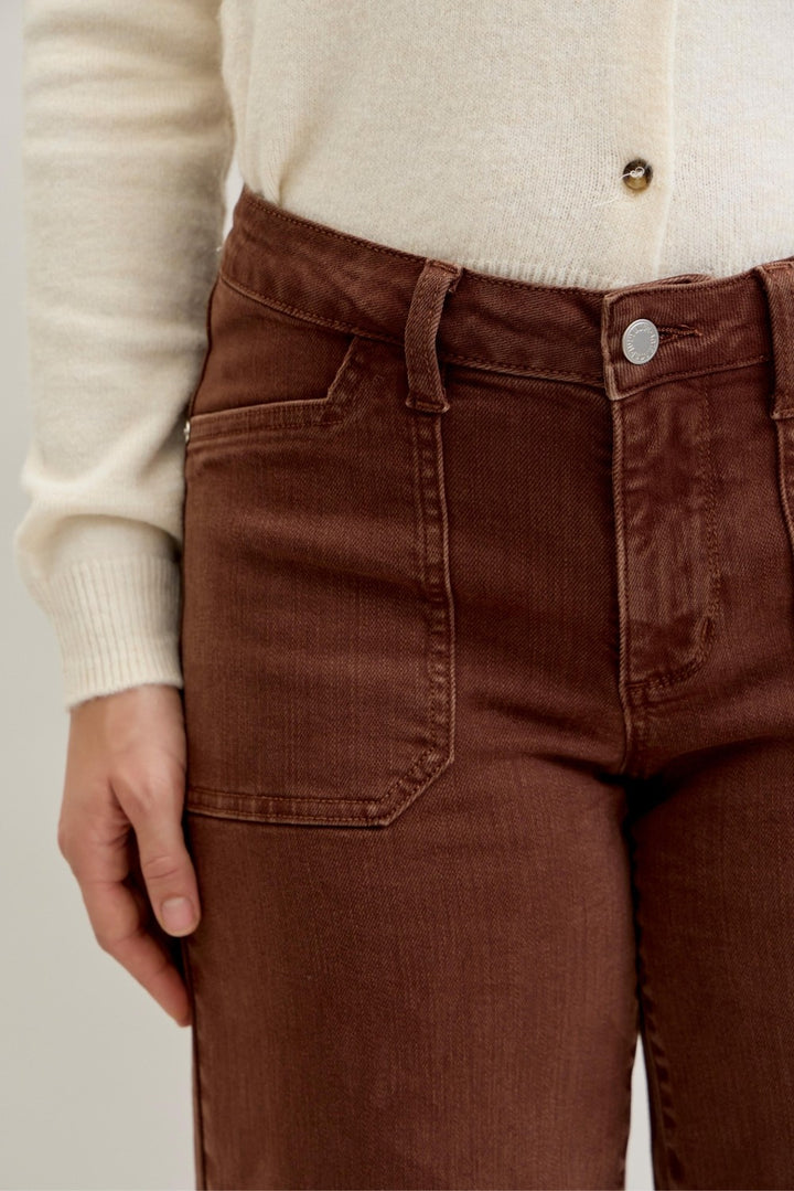 Judy Blue MR Crop Garment Dyed Utility Pocket Jeans in maple brown, sizes 0-24.