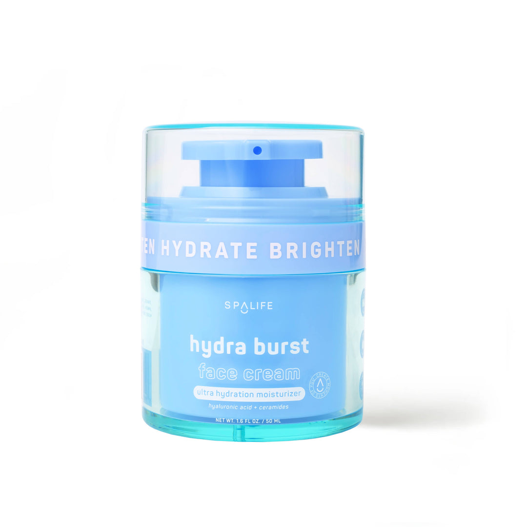 Blue and clear jar of Hydra Burst Hydrating Face Cream with pump dispenser, labeled for hydration and brightening with hyaluronic acid and ceramides; available in 50ml and 100ml sizes.