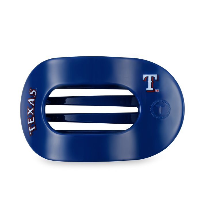 Blue, oval Texas Rangers hair clip with "TEXAS," a "T" logo, and three vents in center. Available in one size.