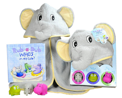 Rub A Dub Elephant Gift Set: elephant hooded towel (24"x36"), wash mitt, book, 4 animal bath toys. Sizes: 24"x36" (towel).