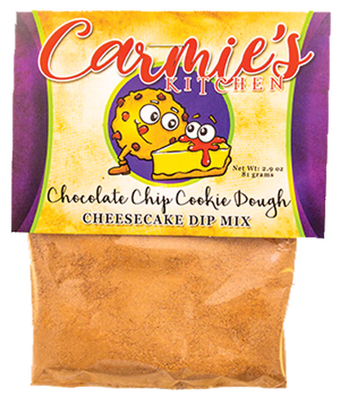 Packet of Chocolate Chip Cookiedough Cheesecake Dip, colorful label, clear section shows dip mix. Size options available.