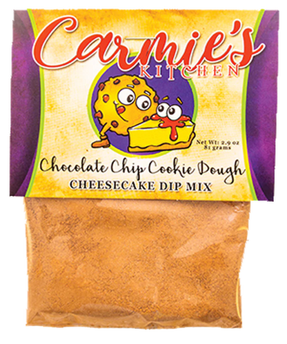 Packet of Chocolate Chip Cookiedough Cheesecake Dip, colorful label, clear section shows dip mix. Size options available.
