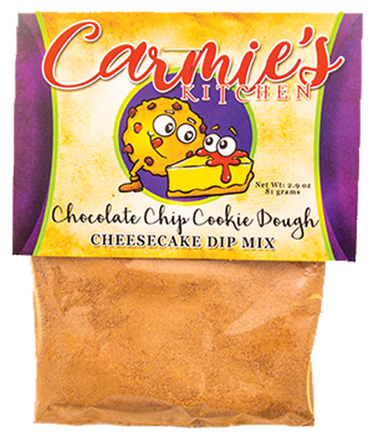 Packet of Chocolate Chip Cookiedough Cheesecake Dip, colorful label, clear section shows dip mix. Size options available.