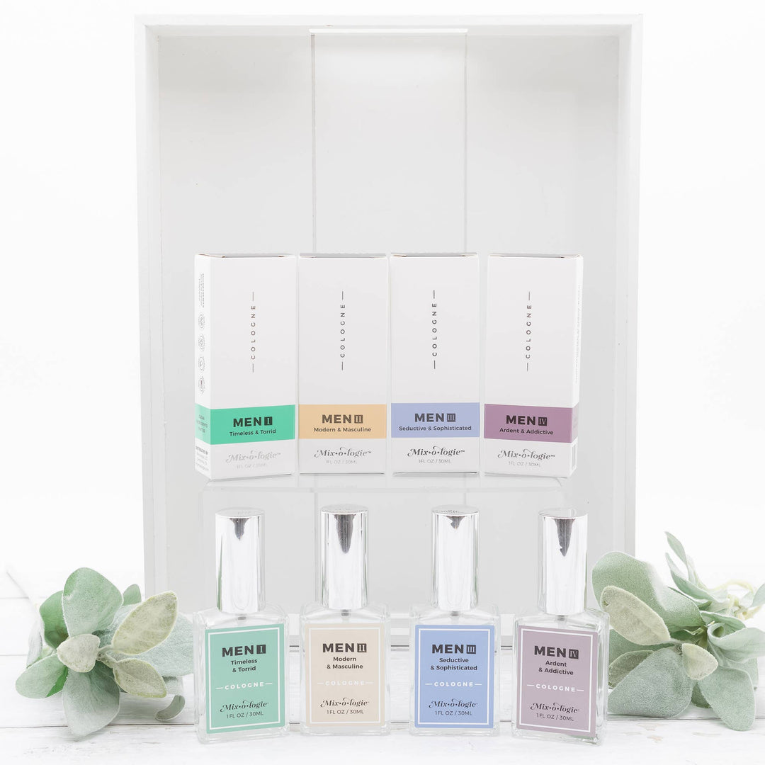 Five 30 mL Men’s I (Timeless &amp; Torrid) Cologne bottles with matching boxes, each labeled and colored by scent.