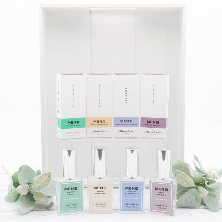 Five 30 mL Men’s I (Timeless &amp; Torrid) Cologne bottles with matching boxes, each labeled and colored by scent.