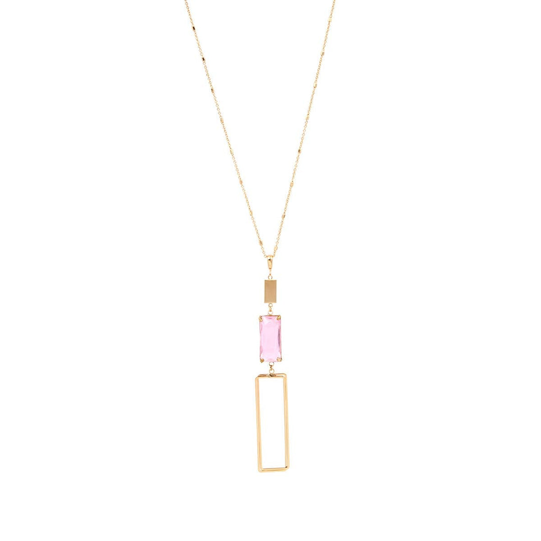 The Pink Street Chic Necklace: gold chain, rectangular pink gemstone, gold open rectangle pendant. Available in 16", 18", 20".