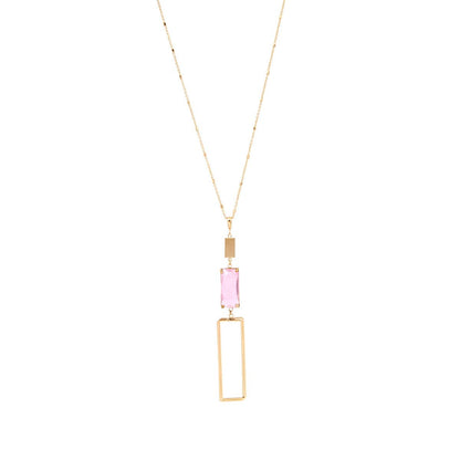 The Pink Street Chic Necklace: gold chain, rectangular pink gemstone, gold open rectangle pendant. Available in 16", 18", 20".