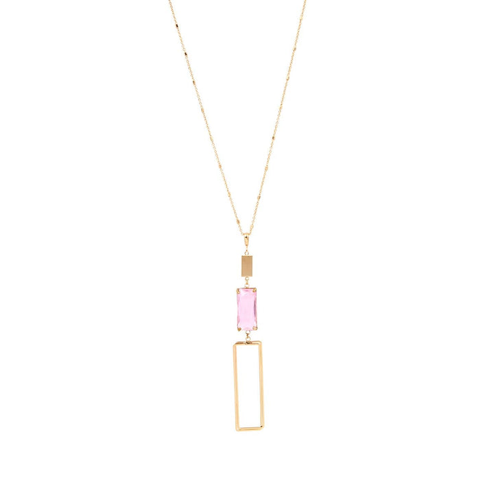 The Pink Street Chic Necklace: gold chain, rectangular pink gemstone, gold open rectangle pendant. Available in 16", 18", 20".