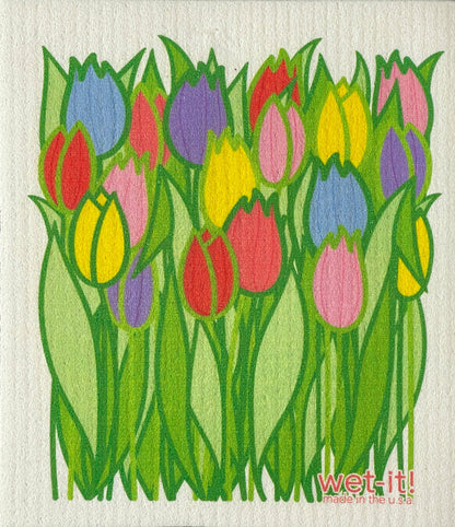 Tulip Field Swedish Cloth: reusable, super absorbent, tulip illustration with green leaves; available in standard size.