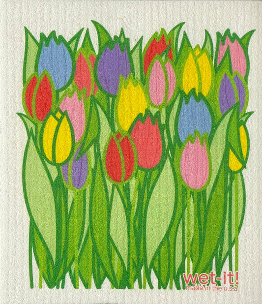 Tulip Field Swedish Cloth: reusable, super absorbent, tulip illustration with green leaves; available in standard size.