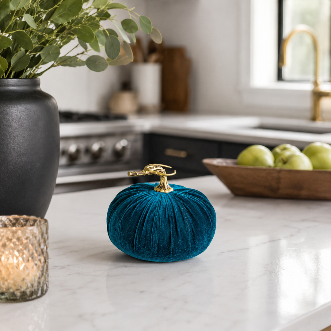 Teal velvet mini pumpkin, 5″ size, available in multiple sizes.