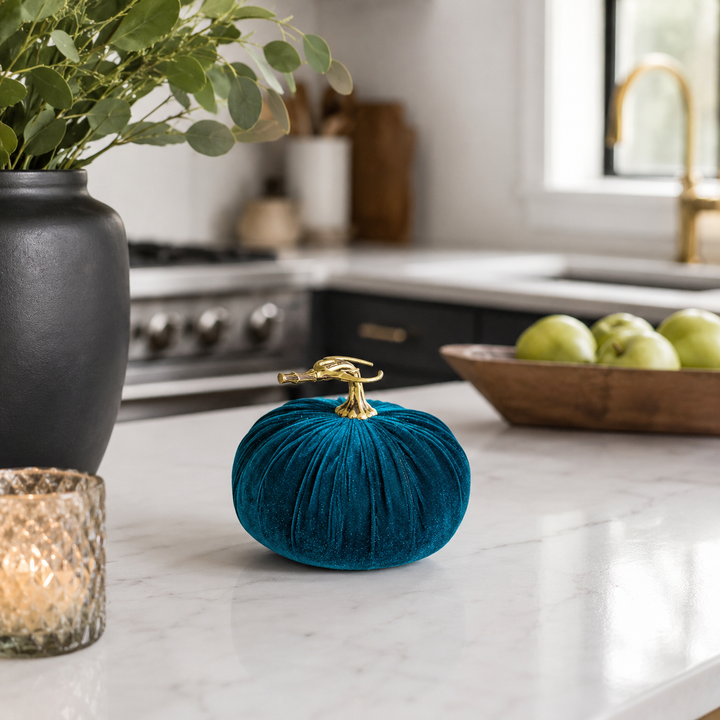 Teal velvet mini pumpkin, 5″ size, available in multiple sizes.