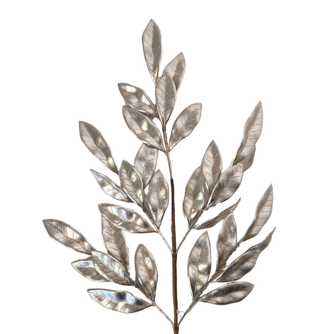 27-inch metallic champagne-colored bay leaf spray with glittered leaves.