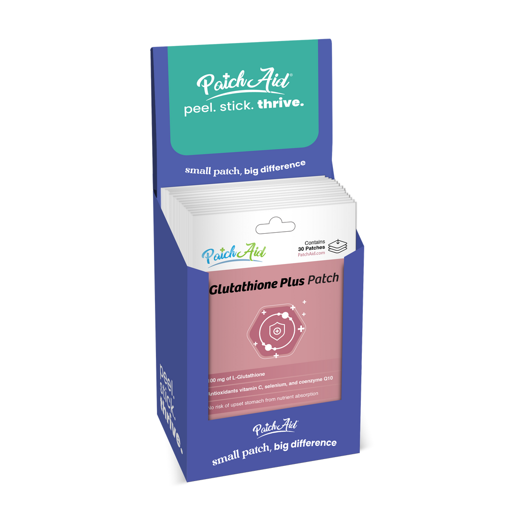 PatchAid Glutathione Plus Patch - Antioxidant &amp; Detox Support, 1-Pack size, in a blue and purple display. Pink packets highlight antioxidant and liver detox support, with “peel. stick. thrive.” and “small patch, big difference.” text plus health icons and supplement information.