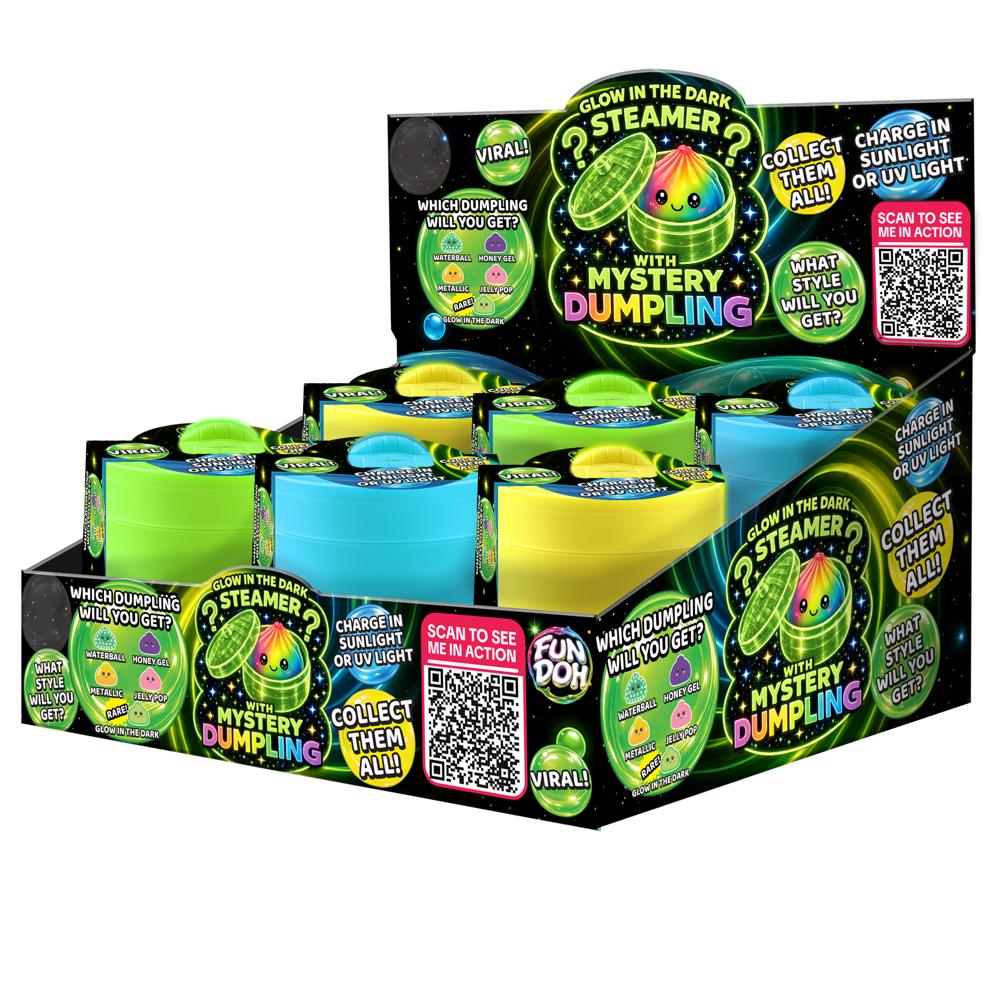 Display box of “Glow-in-the-Dark Mystery Dumpling Squishy Toy” with vibrant steamer containers, each containing one glow-in-the-dark squishy dumpling toy. Neon packaging with QR codes. Available sizes not specified.