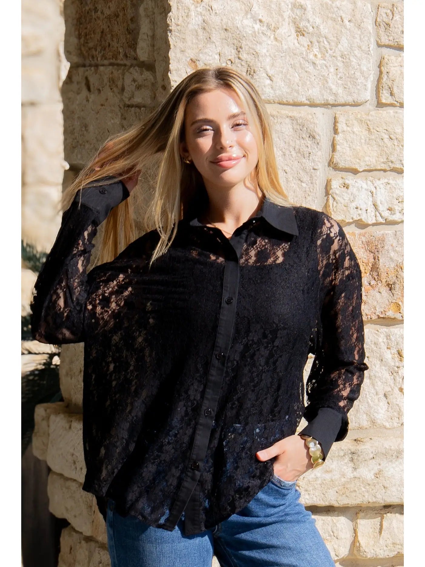 Kathryn Classic Lace Button-Up blouse, white lace detail, button front. Available in sizes XS–XL.