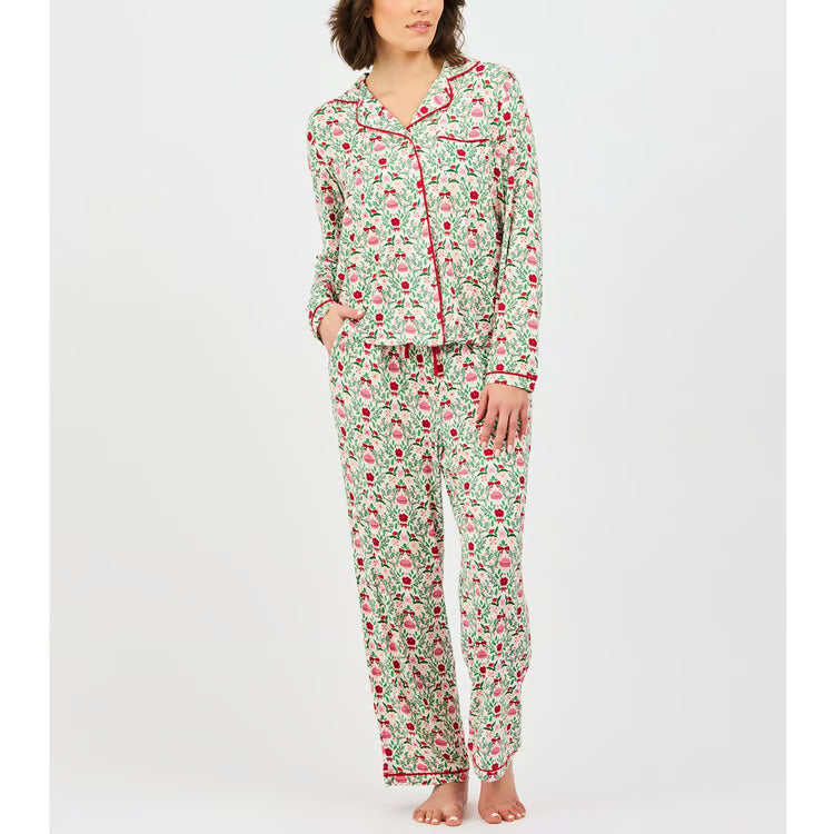 Charlotte Trimmed with Joy floral modal pajama set with red trim, button-down top, and pants. Available in all sizes.