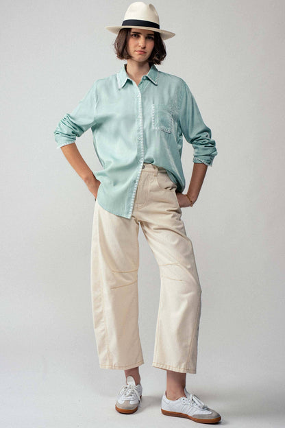 Sage Smooth Silk Long Sleeve Dress Shirt; available in sizes S-XL. Smooth finish, button-up, sage green color.