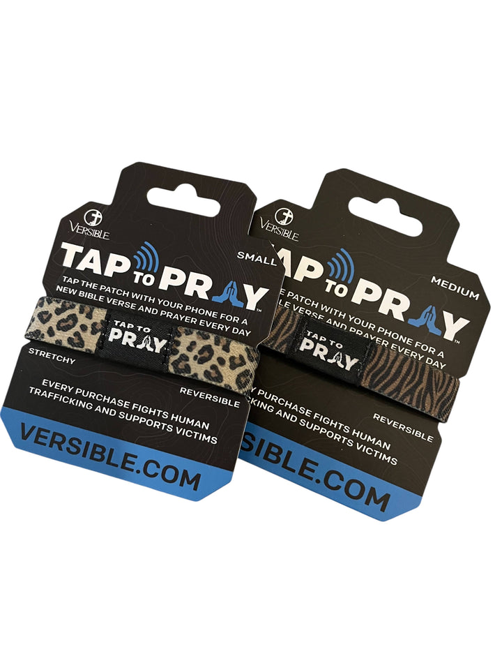 Two Tap To Pray™ Wristband—Safari Leopard, small size, leopard print. Features NFC tech. Supports anti-human trafficking.