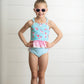 Kids Pink & Blue Ruffle Cross Back 2 Piece Swimsuit