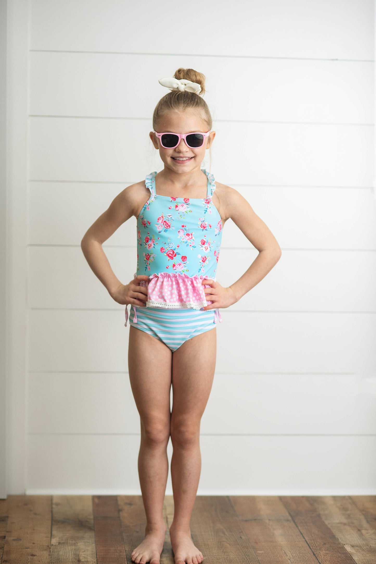 Kids Pink & Blue Ruffle Cross Back 2 Piece Swimsuit