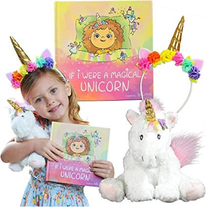 Plush unicorn from Magical Unicorn Gift Set; available in small, medium, and large; features rainbow accents.
